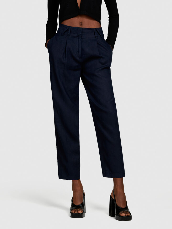 100% linen barrel leg trousers - women's carrot fit trousers - Dark Blue | Sisley image number 4
